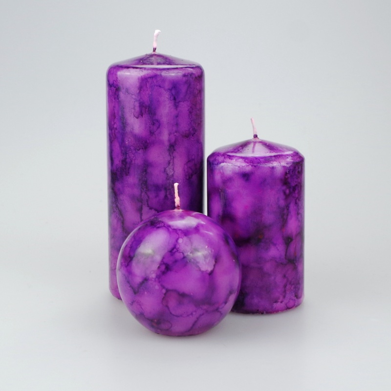 purple coloured Pillar candle set of 3 Justcandles.co.uk